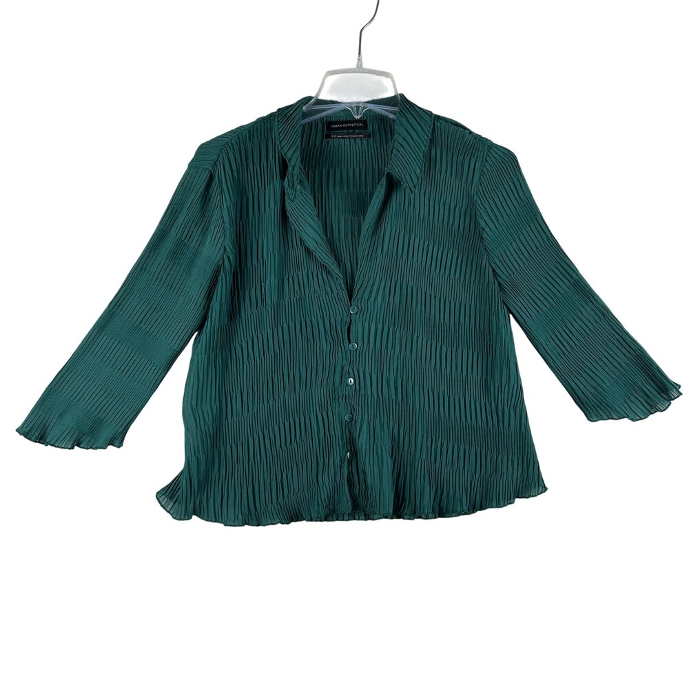Urban Outfitters Shirt Womens Small Green Pleated Button Up 3/4 Sleeve Top Flowy